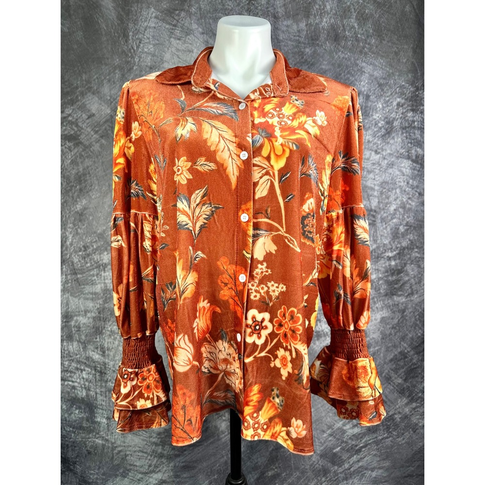 Cherybetty Floral Velvet Blouse Womens Large Burnt Orange Smocked Cuff Button Up